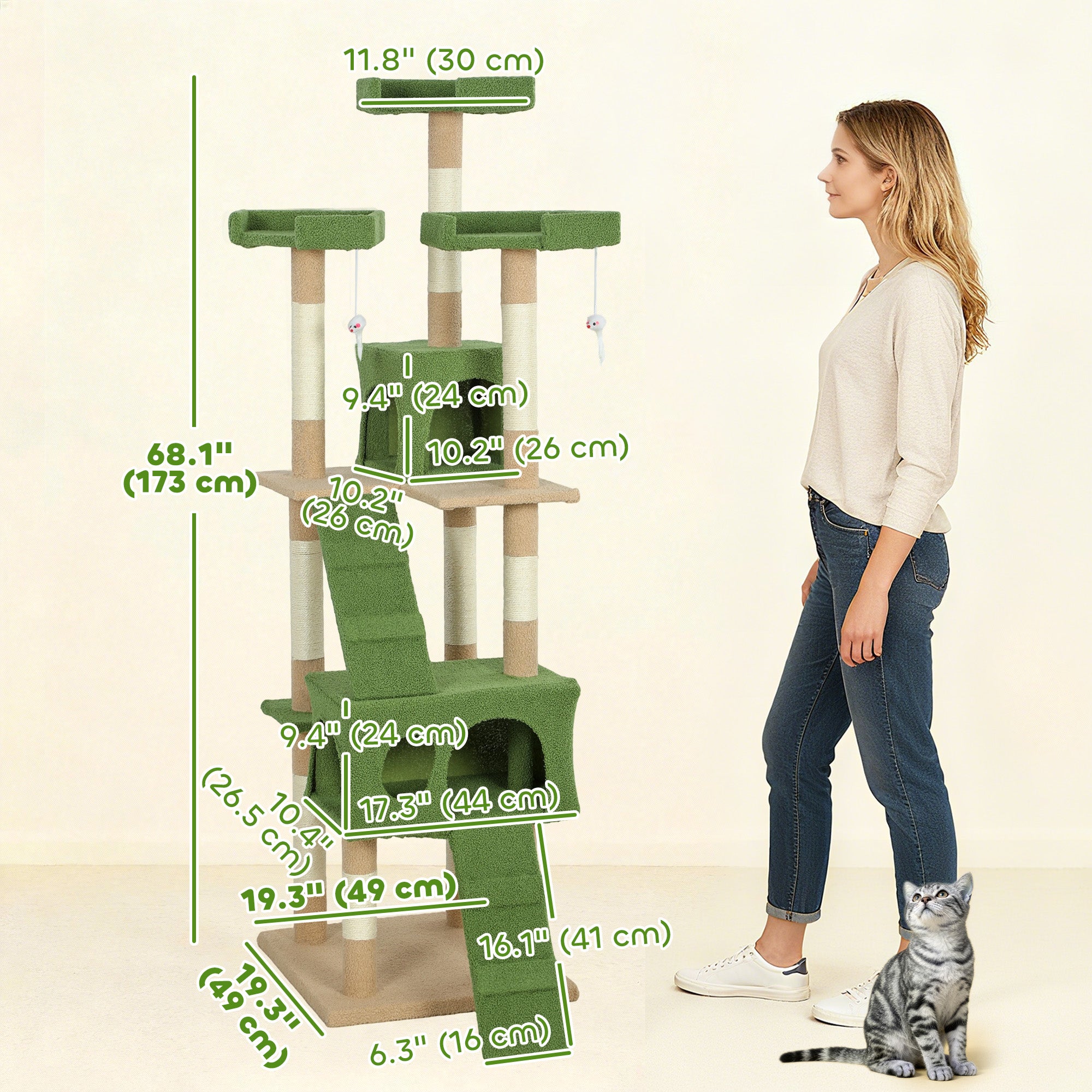 pawhut-arbre-chat-68-avec-2-niches-perchoirs-et-griffoirs-vert image 5