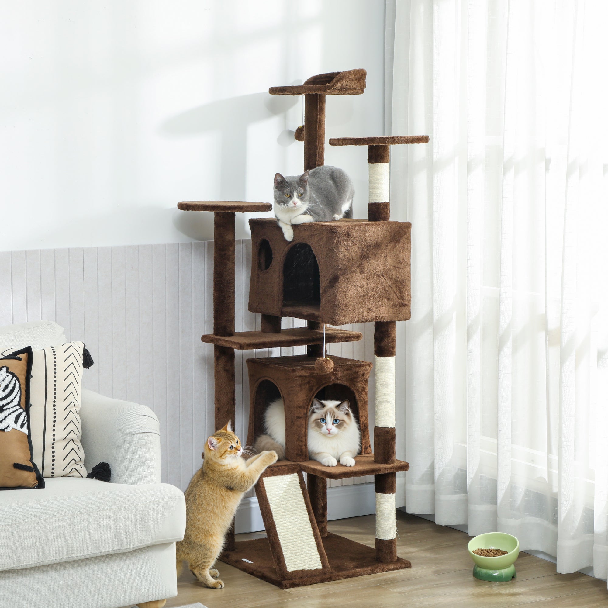 pawhut-arbre-chat-63-avec-condos-lit-rampe-et-griffoirs-marron-clair image 3
