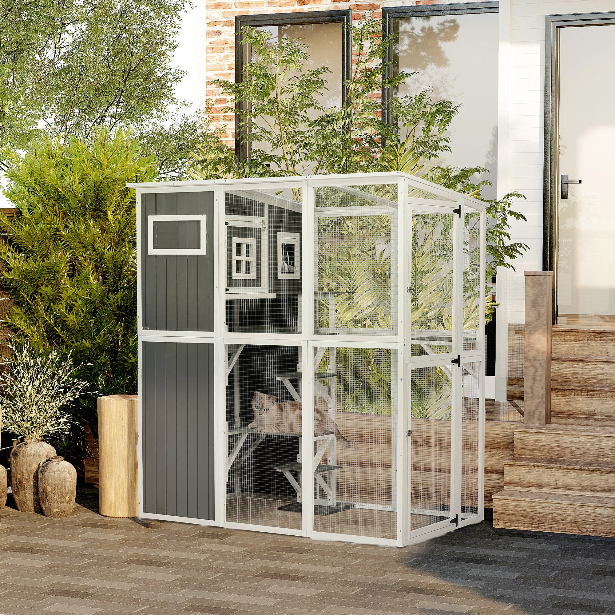 pawhut-catio-en-bois-walk-in-66-5-pouces-avec-condo-plateformes-et-toit-pvc-gris image 4