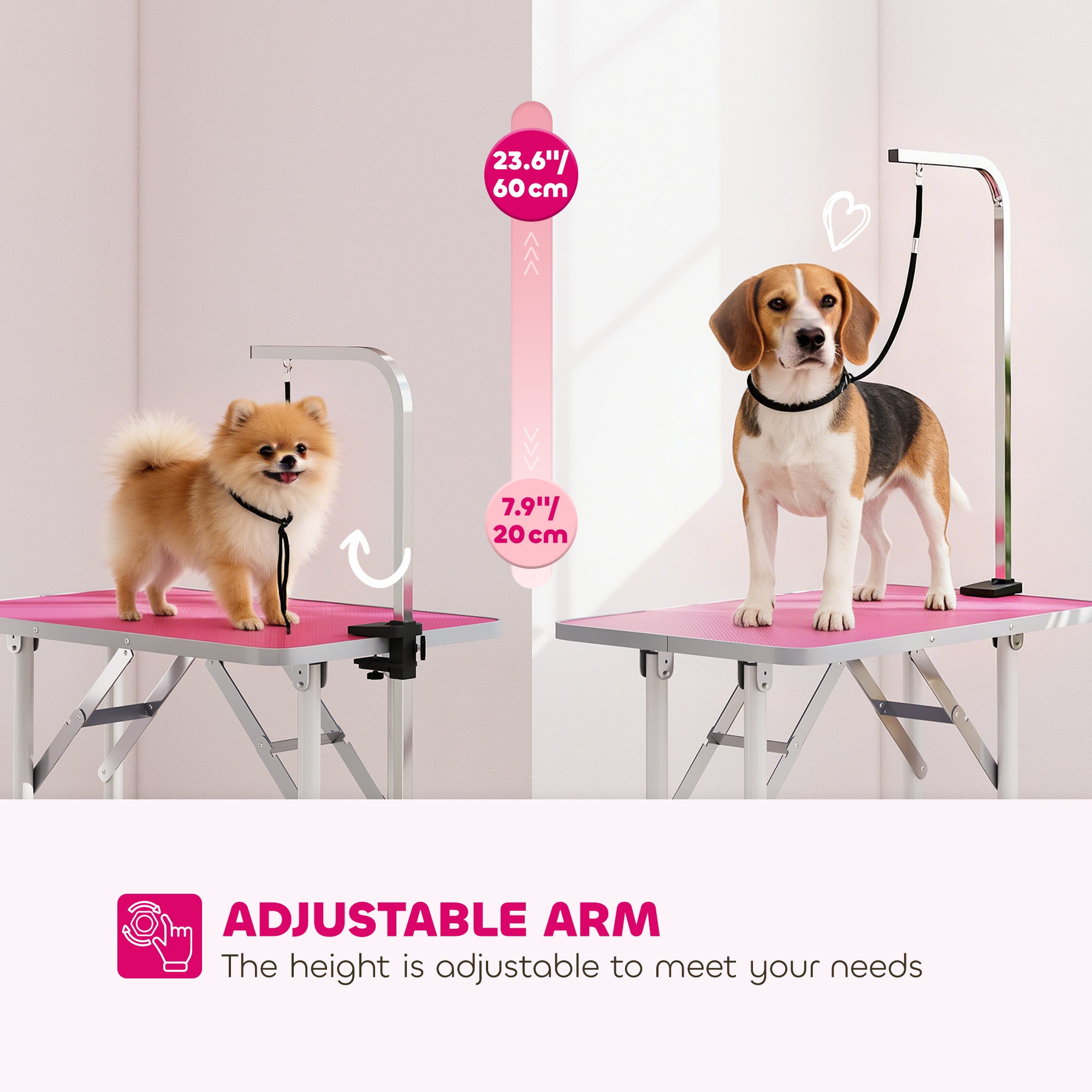 pawhut-table-de-toilettage-pliable-81-cm-rose-avec-bras-r-glable-et-surface-anti image 6
