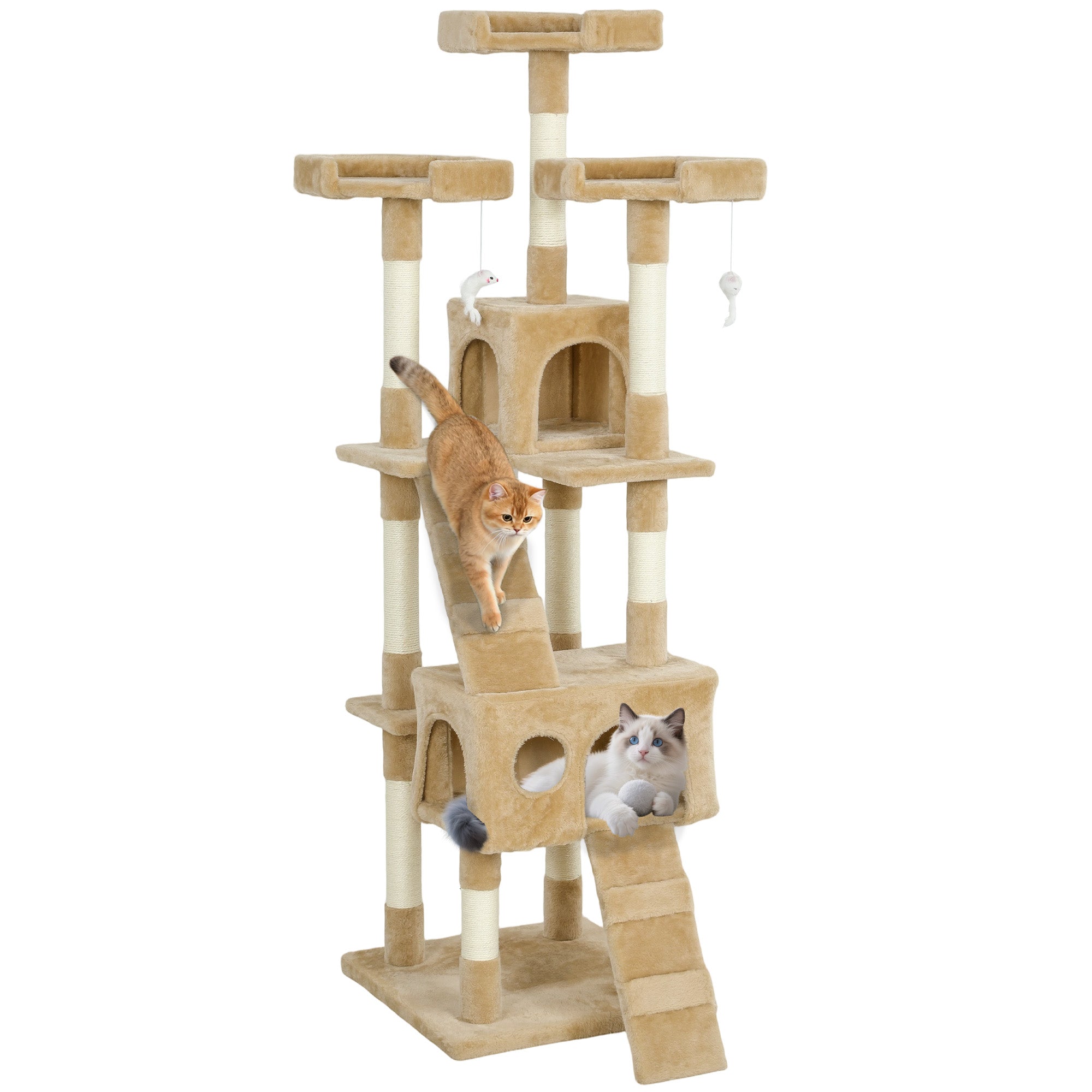 pawhut-arbre-chat-68-pouces-avec-2-niches-perchoirs-et-griffoirs-marron-clair image 1