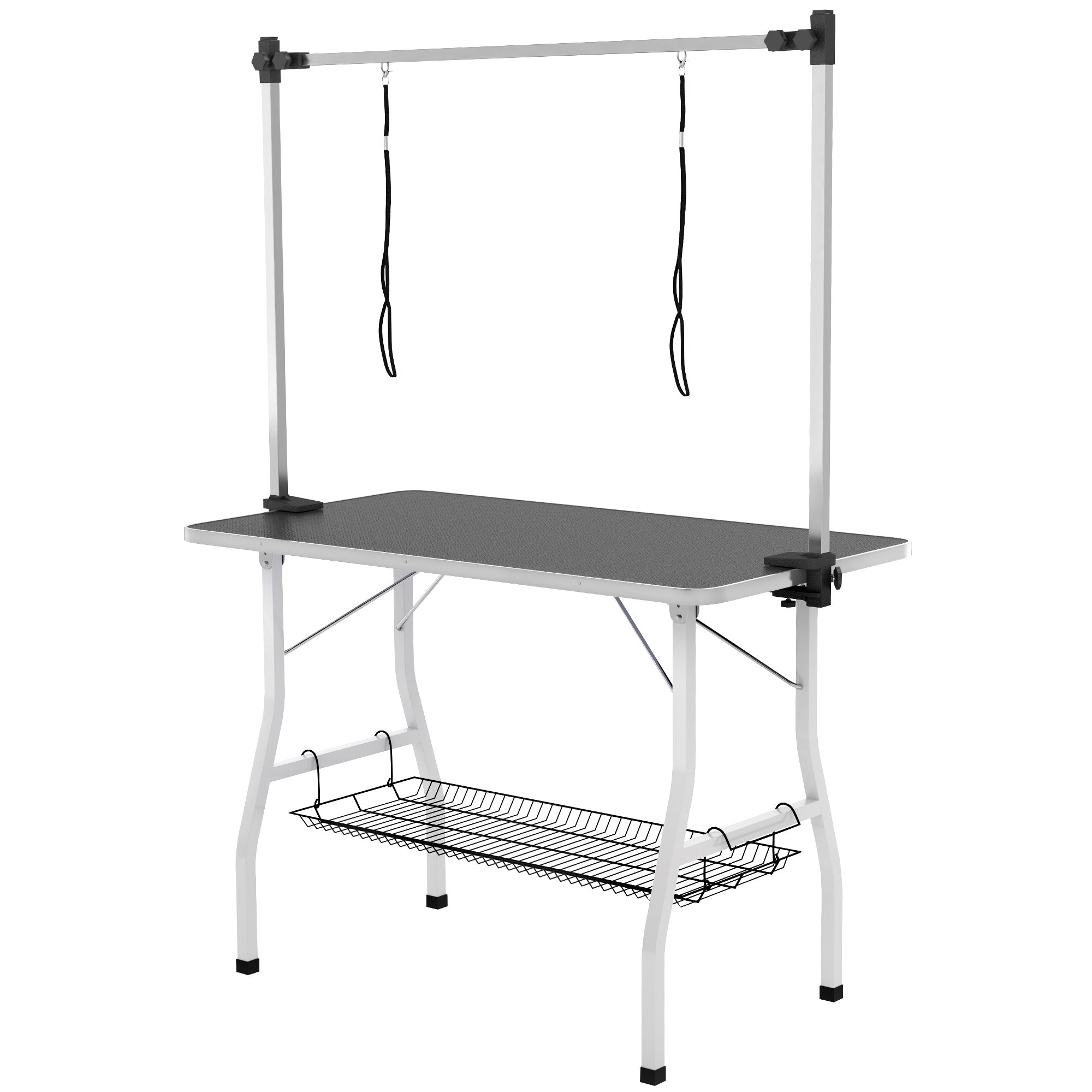 pawhut-table-de-toilettage-chien-pliable-106-cm-avec-bras-r-glable-et-tag-re-noi image 2
