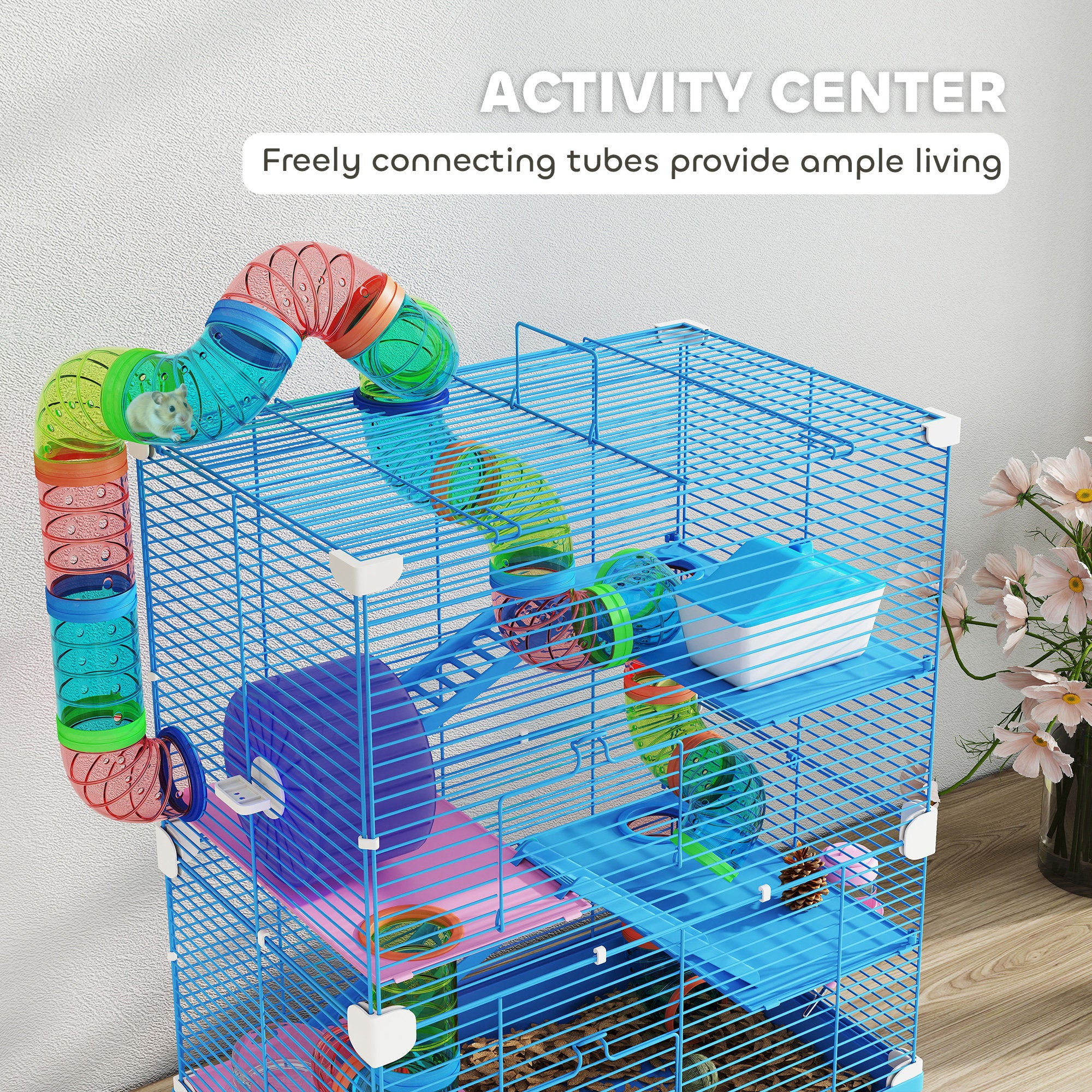 pawhut-cage-hamster-5-tages-avec-tunnels-roue-et-maison-bleue image 6