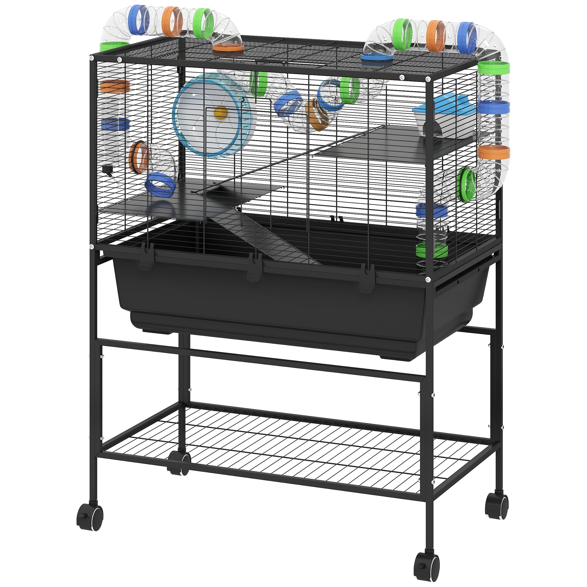 pawhut-cage-3-niveaux-color-e-pour-petit-animal-avec-tubes-roue-et-rangement image 2