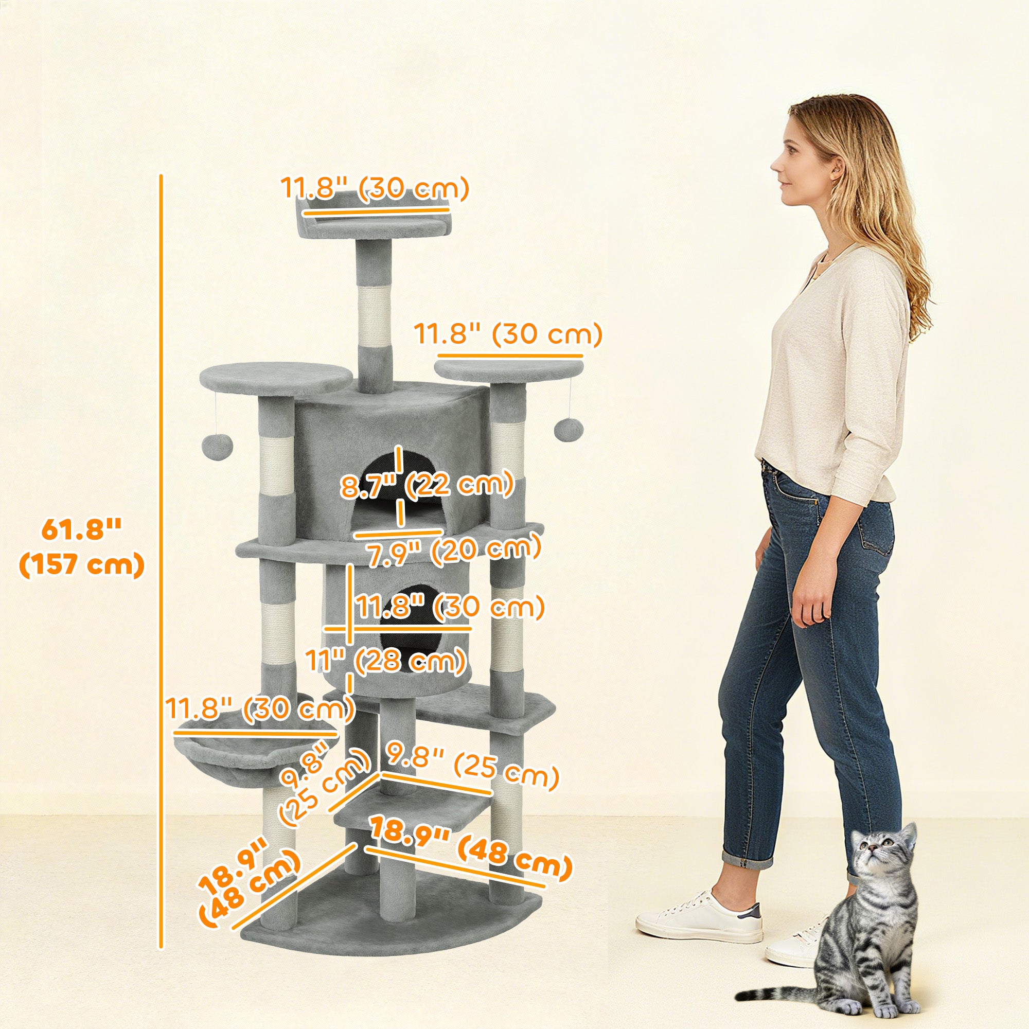 pawhut-arbre-chat-157-cm-2-niches-hamac-et-perchoirs-gris-clair image 5