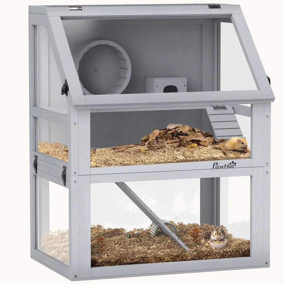 pawhut-cage-pour-hamster-en-bois-3-tages-avec-roue-amovible-et-rampes-61-x-41-x- image 1