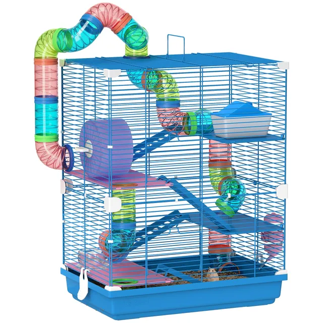 pawhut-cage-hamster-5-tages-avec-tunnels-roue-et-maison-bleue image 1