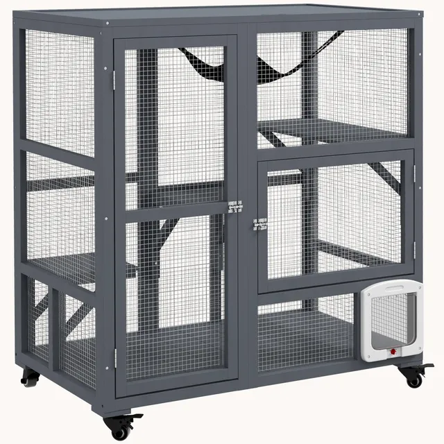 pawhut-maison-chat-int-rieur-bois-39-avec-roulettes-3-plateformes-et-hamac-gris- image 1