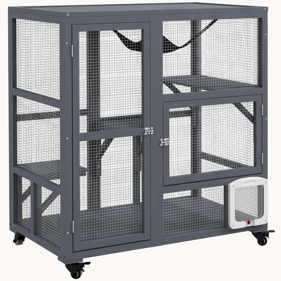 pawhut-maison-chat-int-rieur-bois-39-avec-roulettes-3-plateformes-et-hamac-gris- image 1