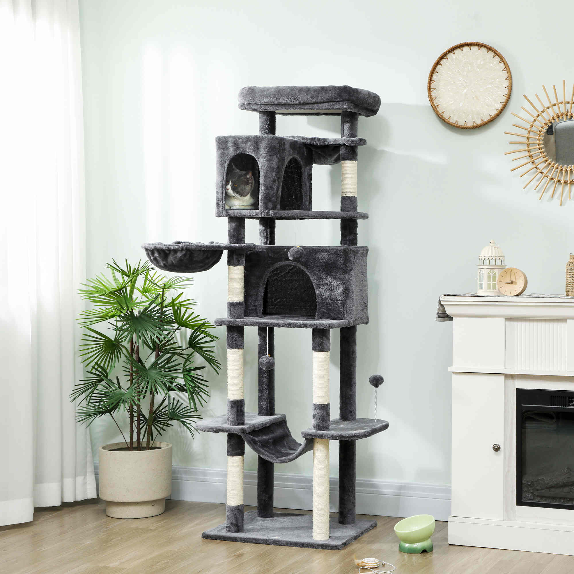 pawhut-arbre-chat-175-cm-avec-2-niches-3-hamacs-et-perchoirs-gris-fonc image 4