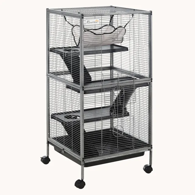 pawhut-cage-petits-animaux-4-tages-roulettes-avec-hamac-gris image 1