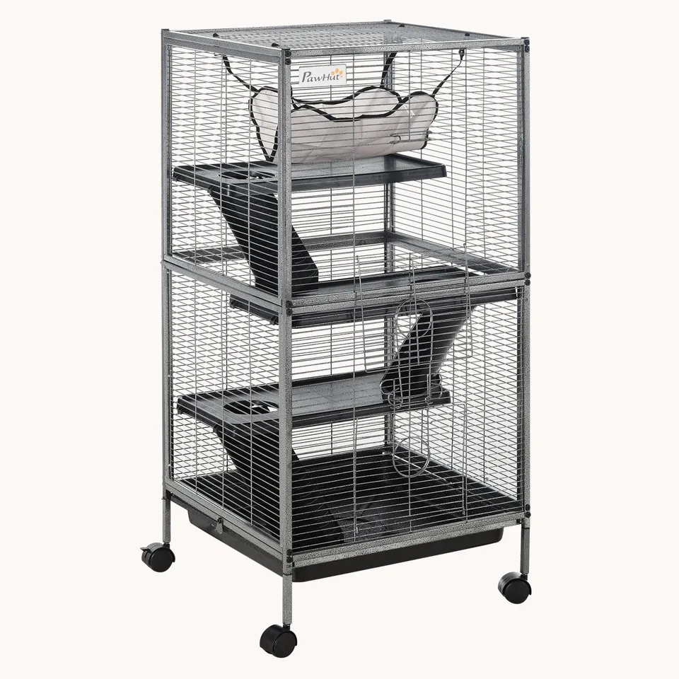 pawhut-cage-petits-animaux-4-tages-roulettes-avec-hamac-gris image 1