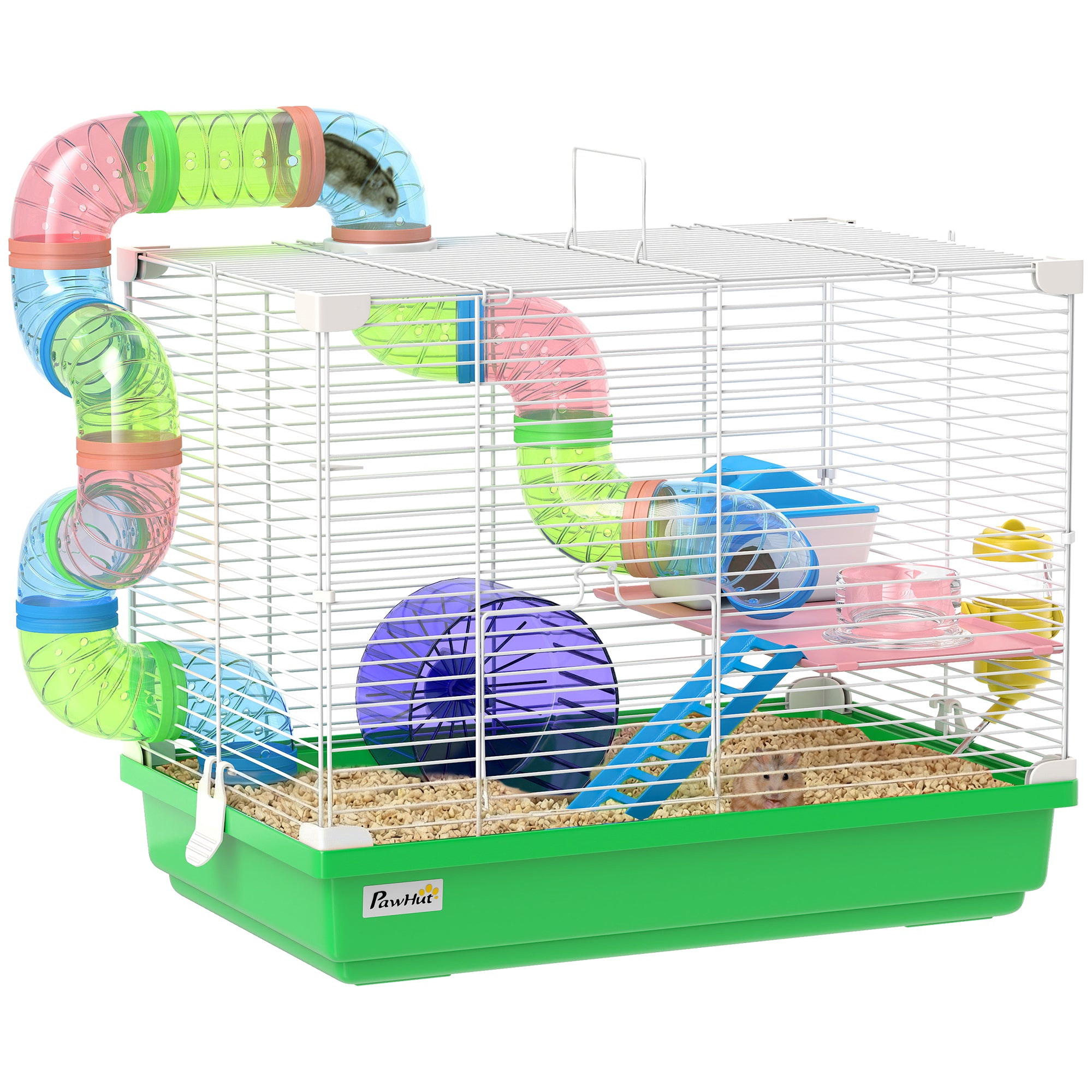 pawhut-cage-hamster-2-tages-avec-roue-maison-et-tunnel-vert image 1