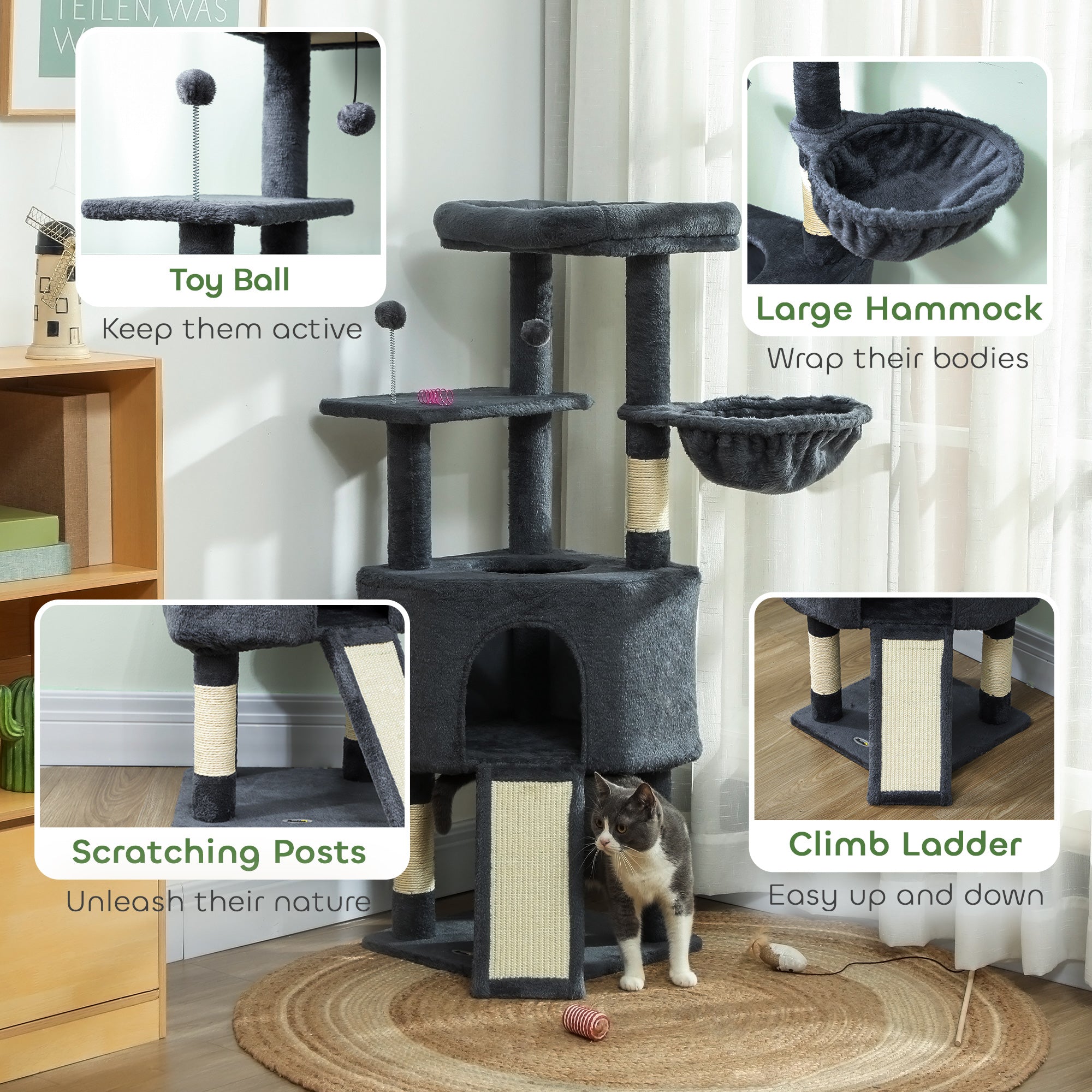 pawhut-arbre-chat-120-cm-avec-niche-hamac-lit-et-chelle-gris-fonc image 8