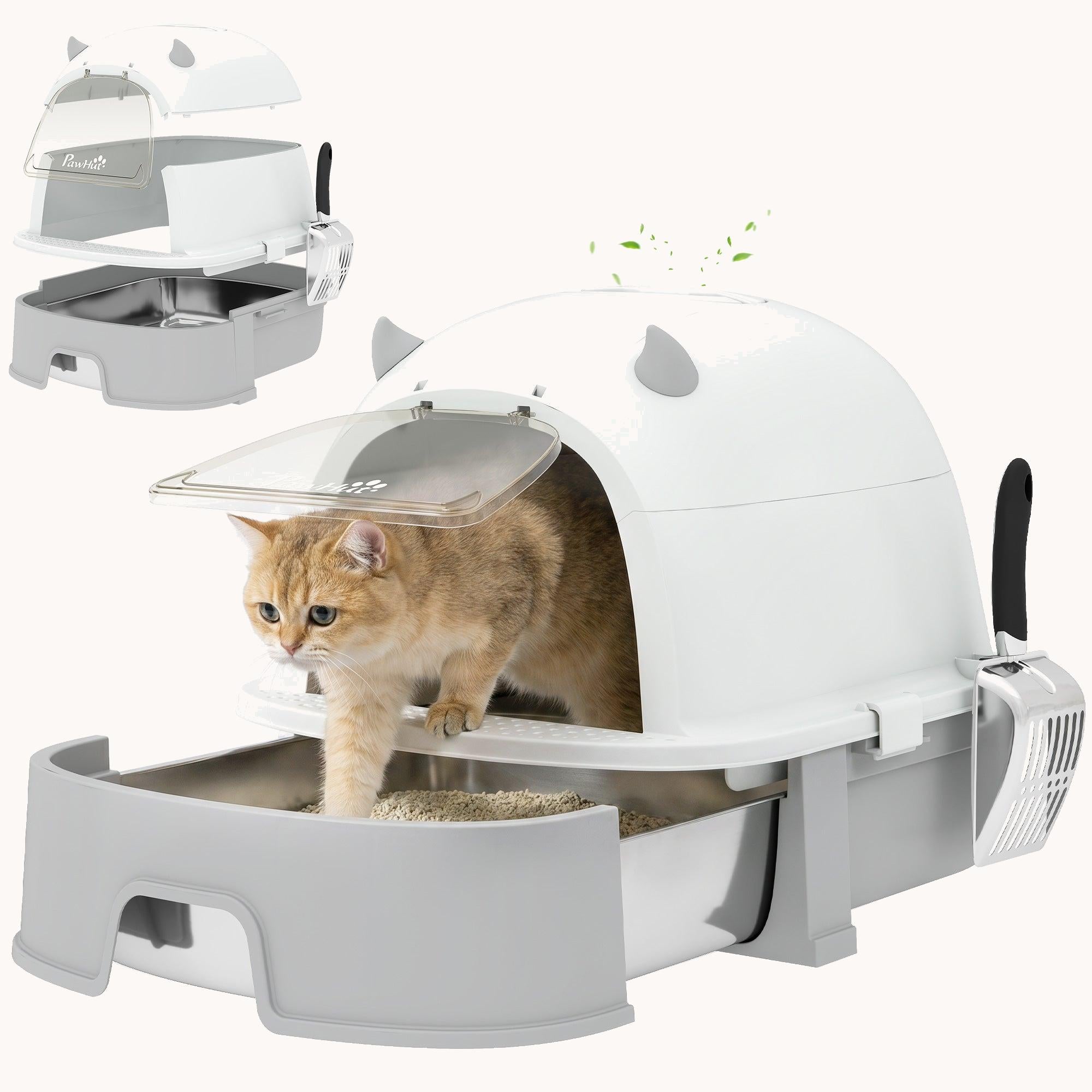 pawhut-bac-liti-re-pour-chat-inox-avec-capot-gris-tiroir-et-filtre-charbon image 1