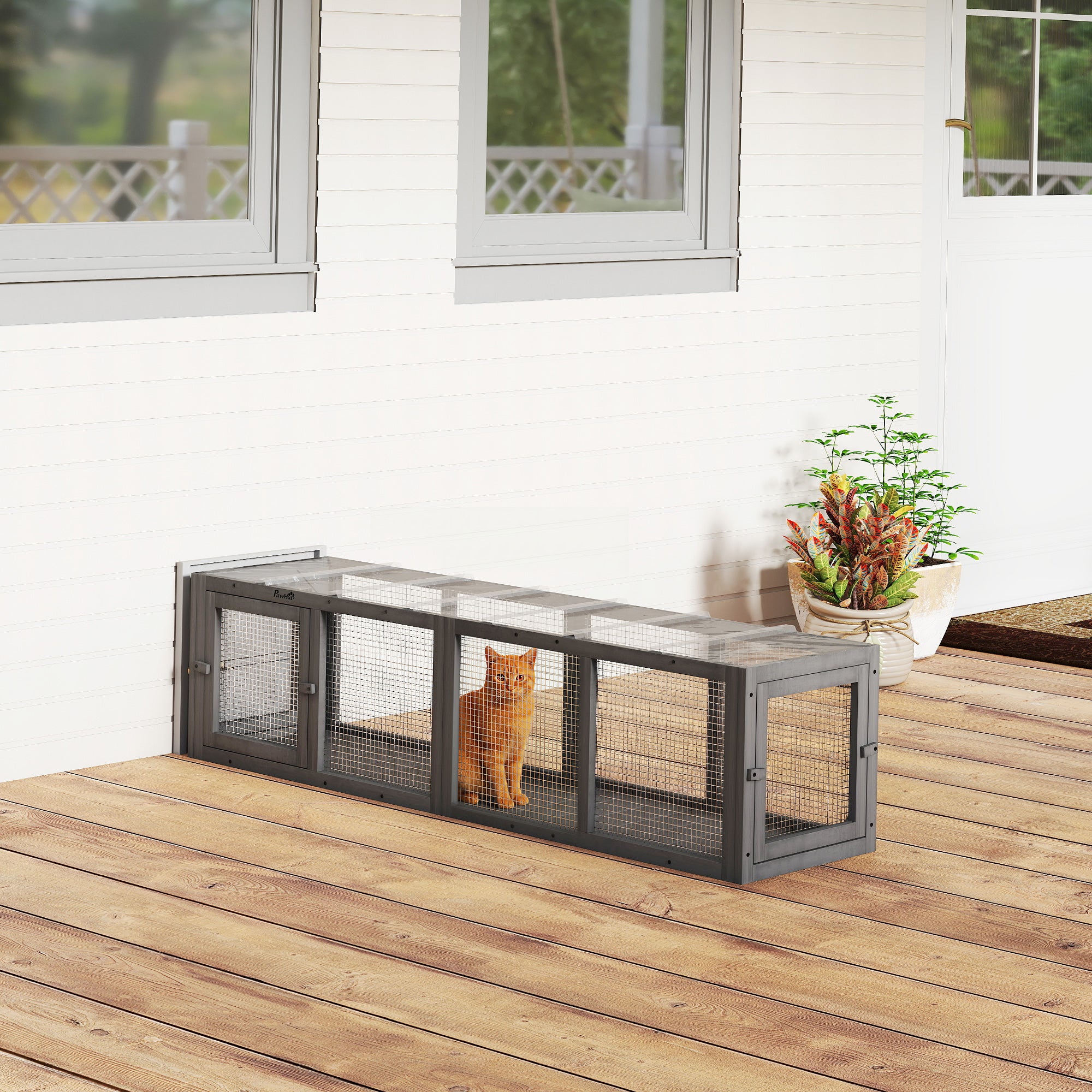 pawhut-tunnel-pour-chat-ext-rieur-modulaire-bois-3-portes-gris image 3