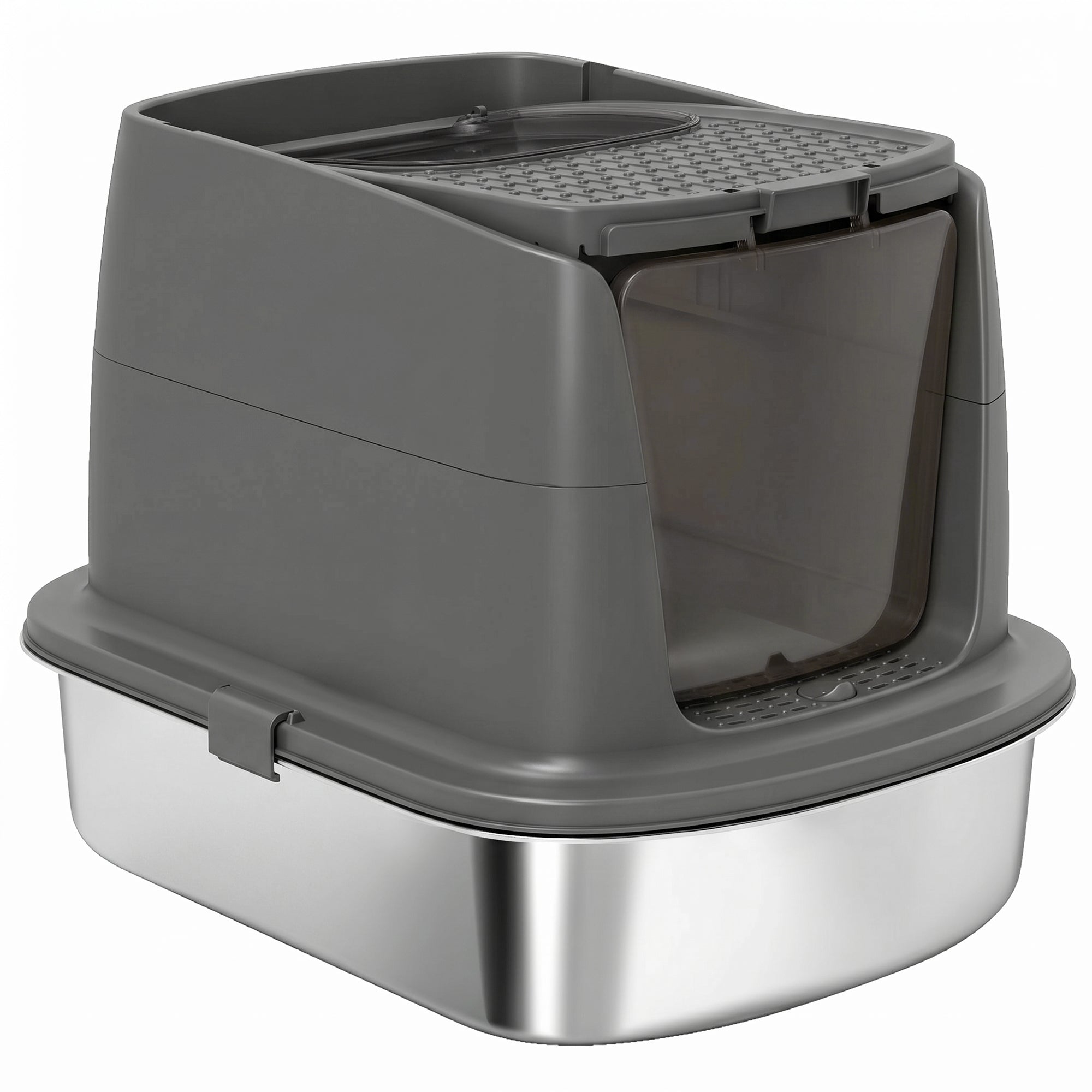 pawhut-bac-liti-re-chat-ferm-inox-avec-couvercle-gris-fonc image 2