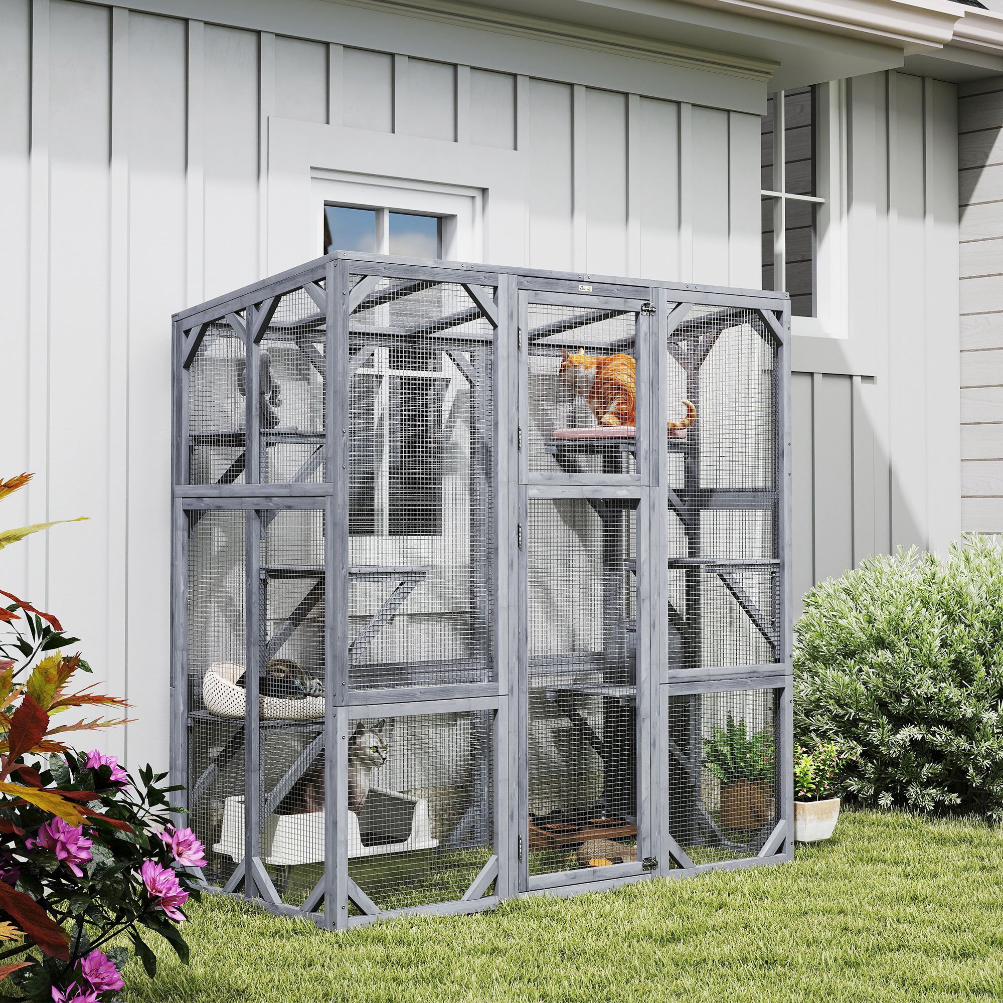 pawhut-catio-ext-rieur-avec-6-plateformes-grande-porte-et-toit-tanche-gris image 3