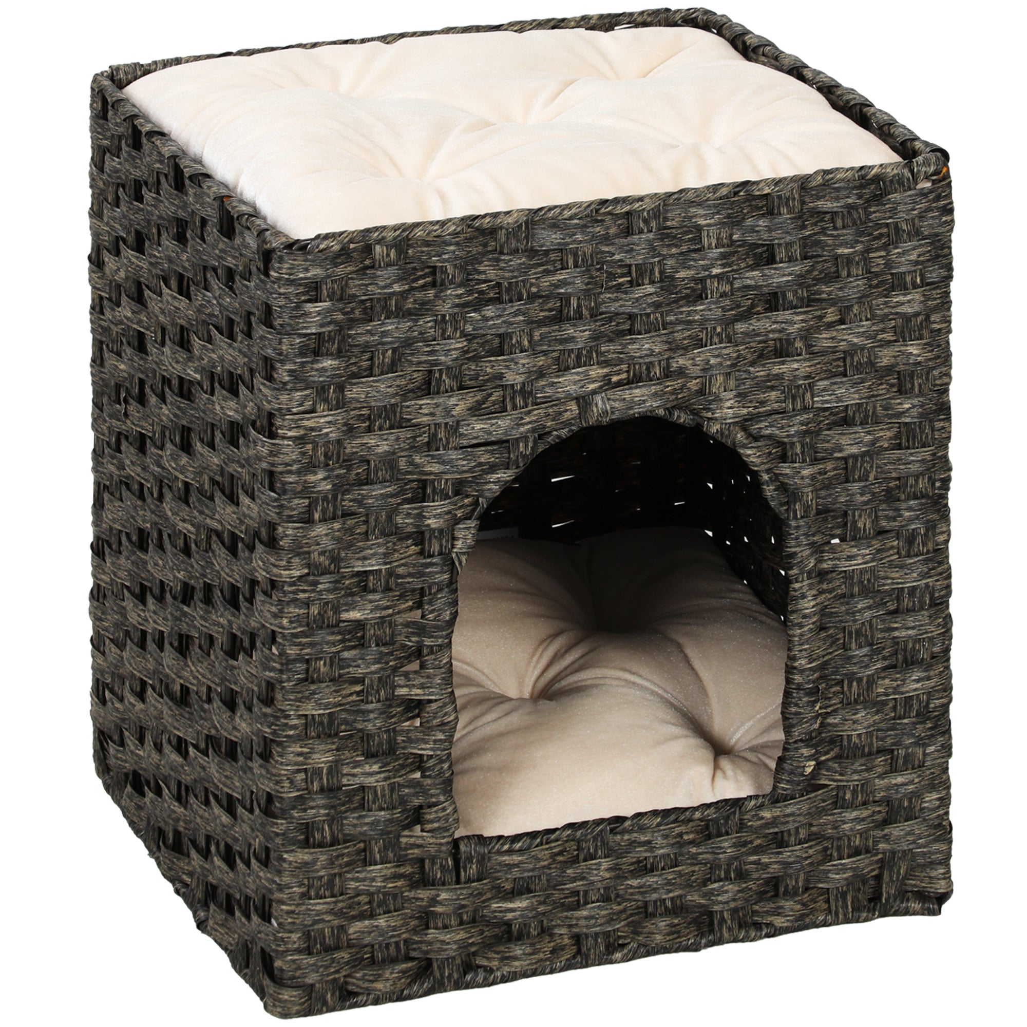 pawhut-maison-pour-chat-rotin-2-niveaux-43x40x49-cm-avec-coussins-grise image 1