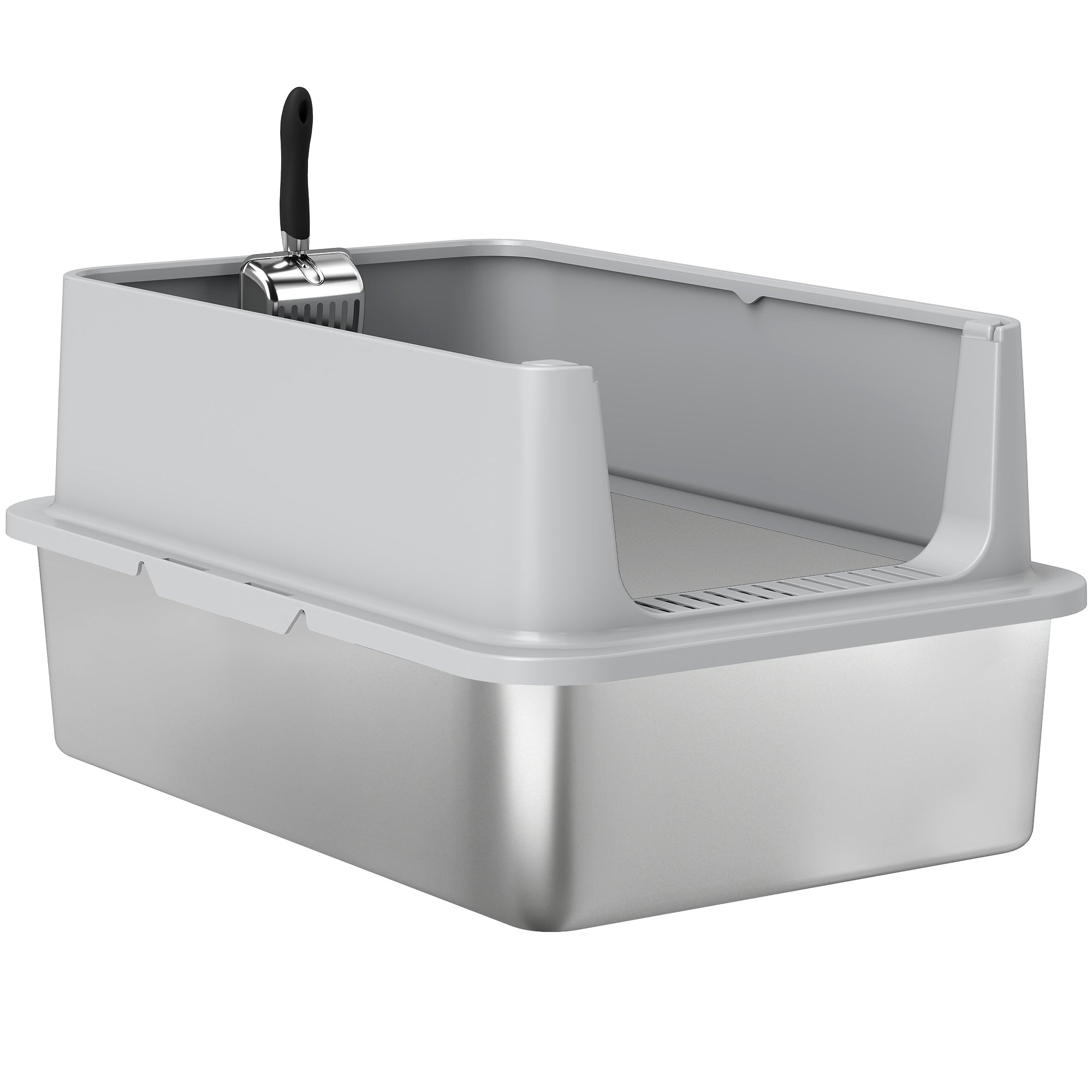 pawhut-bac-liti-re-chat-xl-inox-avec-pelle-gris-60x40x30-cm image 2