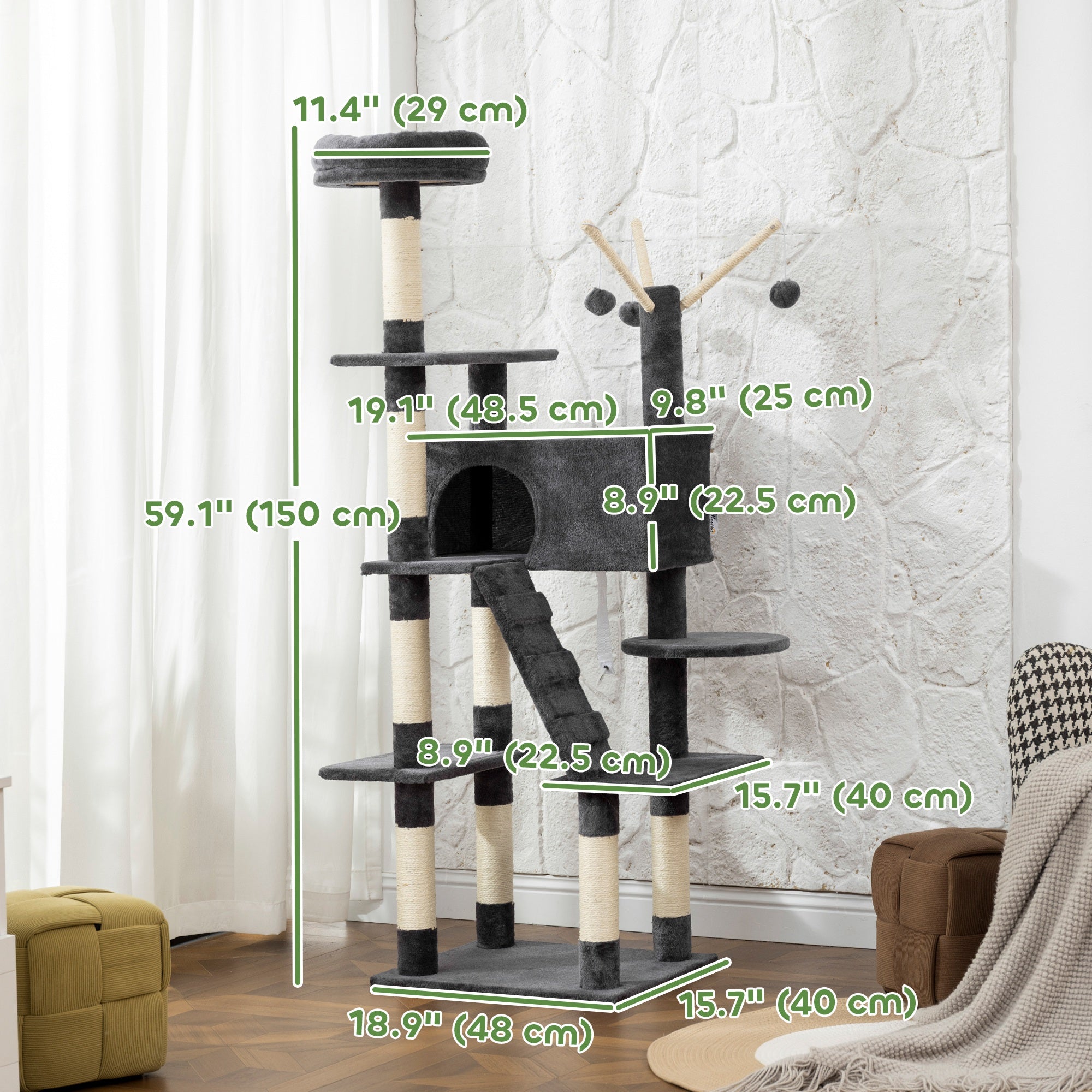 pawhut-arbre-chat-59-multi-niveaux-avec-niche-perchoir-et-chelle-gris-fonc image 5