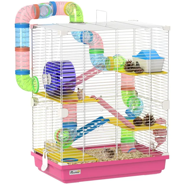 pawhut-cage-hamster-5-tages-18-avec-tubes-tunnels-et-roue-rose image 1
