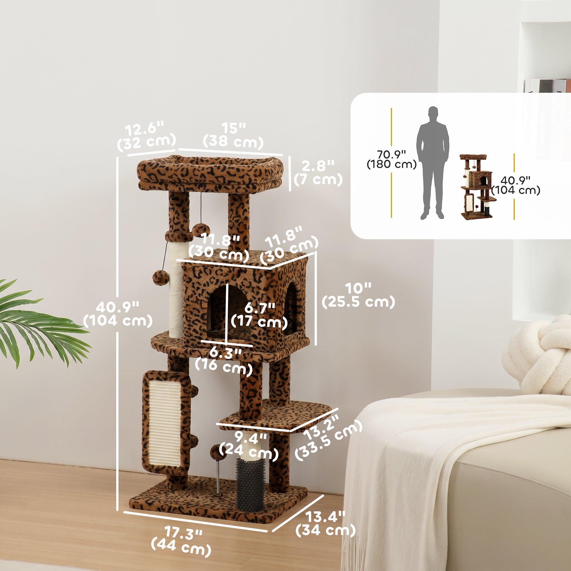 pawhut-arbre-chat-104-cm-pour-grands-chats-avec-griffoirs-niche-et-lit-l-opard image 5