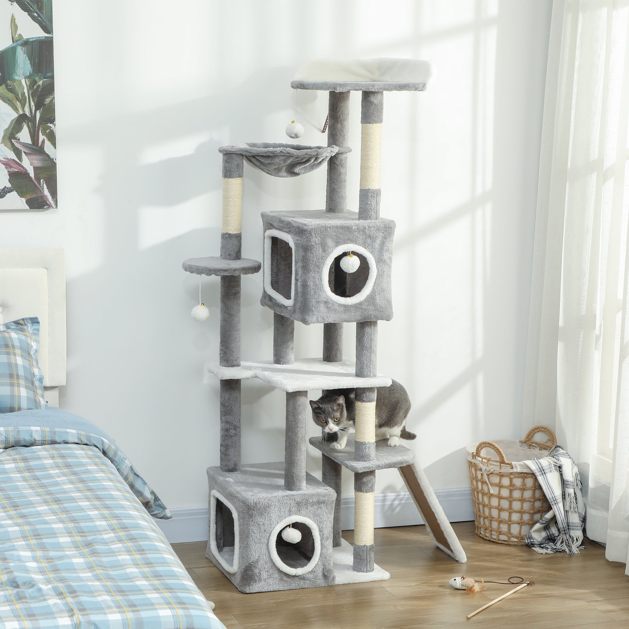 pawhut-arbre-chat-gris-65-165-cm-avec-2-niches-hamac-rampe-et-perchoir image 3