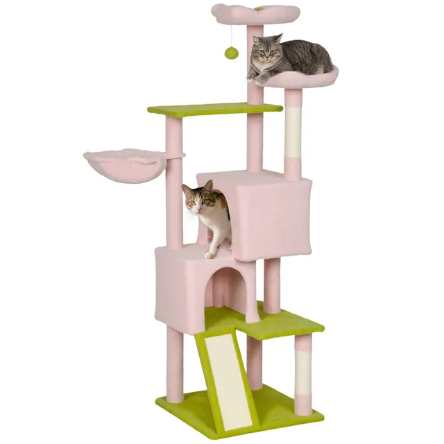 pawhut-arbre-chat-fleur-157-cm-avec-2-niches-2-paniers-fleur-et-hamac-rose image 1