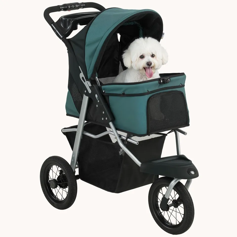 pawhut-poussette-chien-3-roues-pliable-vert-fonc-12-jusqu-10-kg-avec-fen-tre-mes image 1