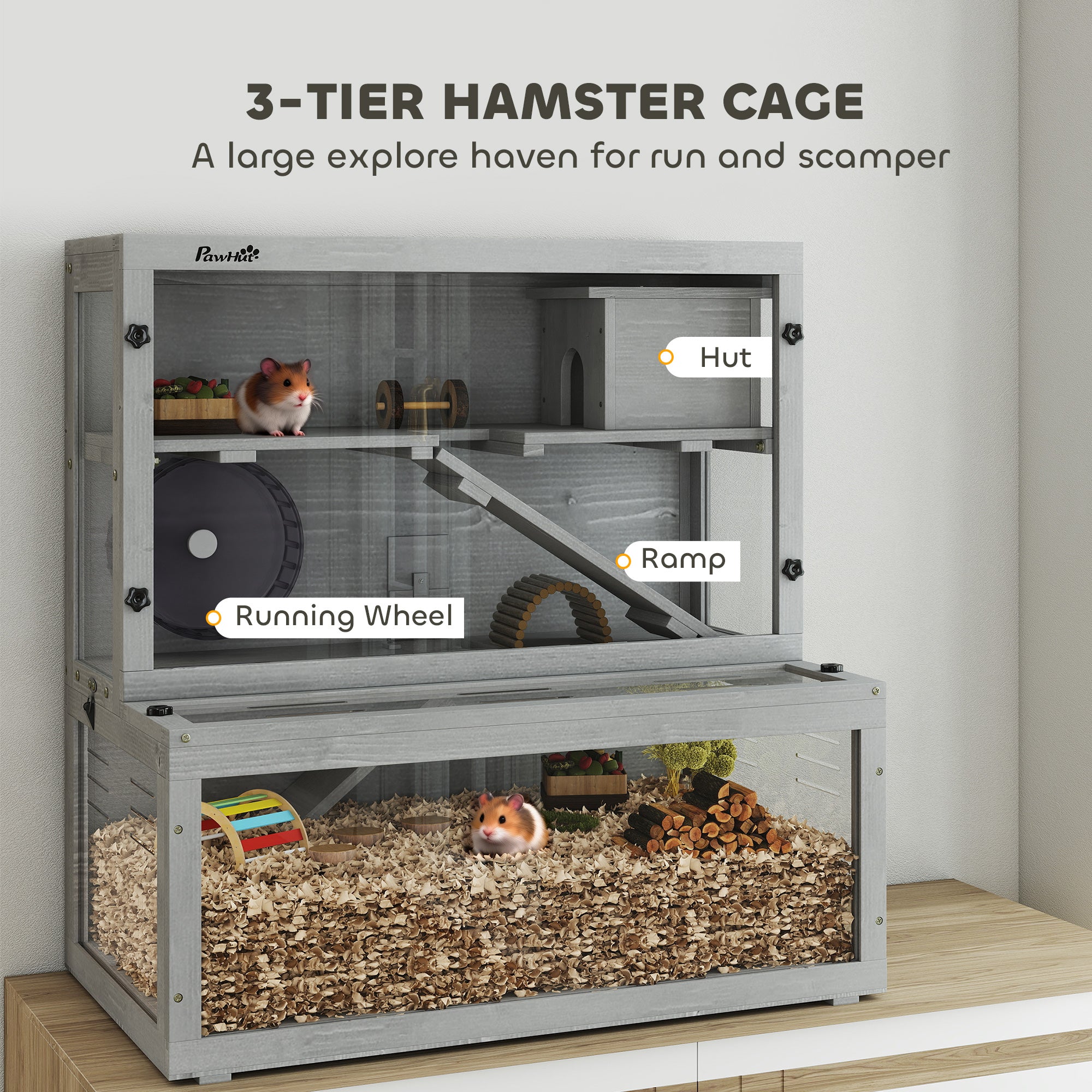 pawhut-cage-hamster-3-niveaux-en-bois-de-sapin-avec-panneau-transparent-gris image 6