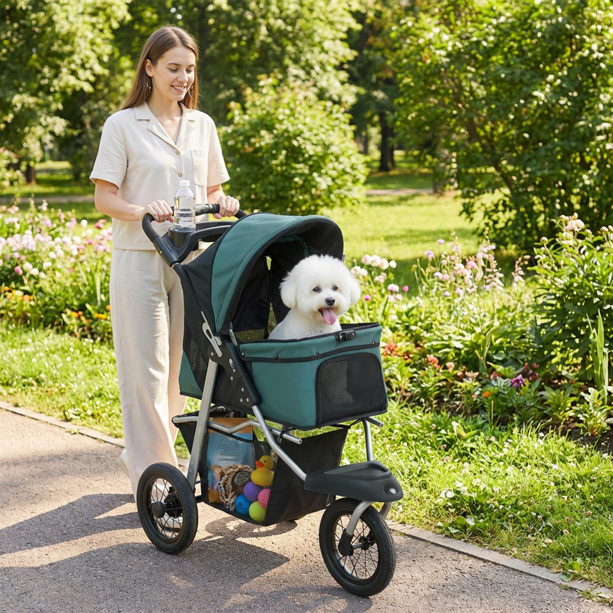 pawhut-poussette-chien-3-roues-pliable-vert-fonc-12-jusqu-10-kg-avec-fen-tre-mes image 3