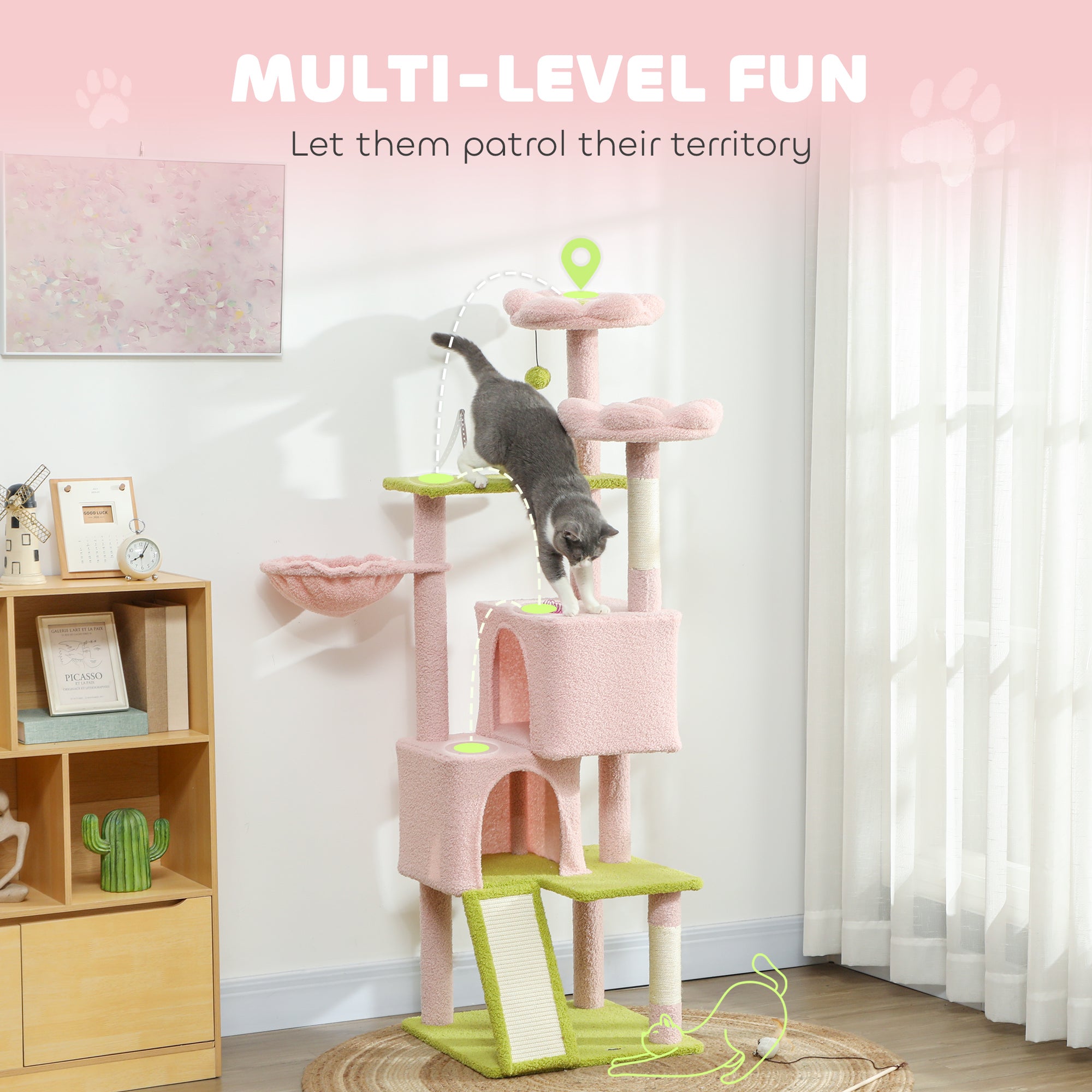 pawhut-arbre-chat-fleur-157-cm-avec-2-niches-2-paniers-fleur-et-hamac-rose image 6