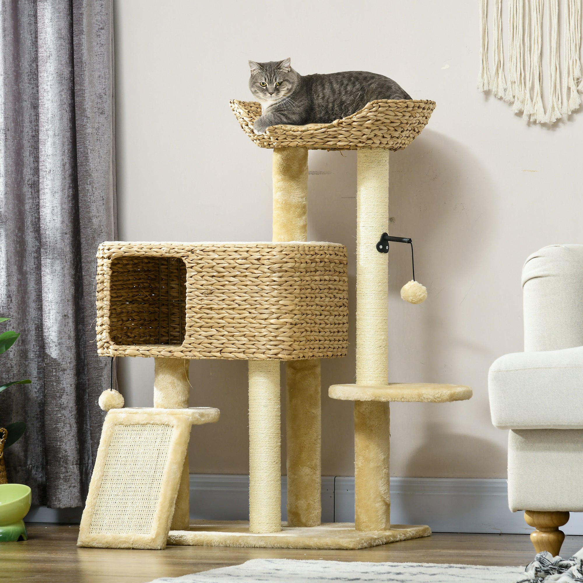 pawhut-arbre-chat-98-cm-avec-niche-rampe-et-griffoirs-beige image 4