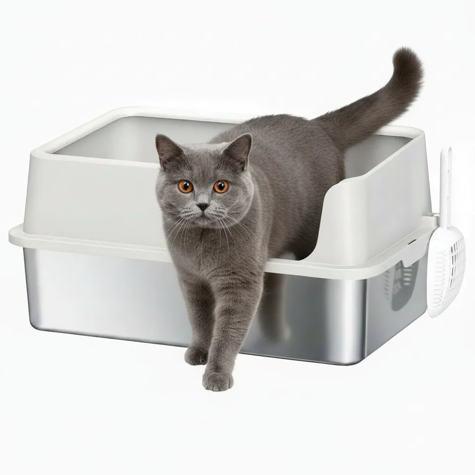 pawhut-bac-liti-re-chat-xl-inox-avec-couvercle-et-pelle-gris-clair image 1