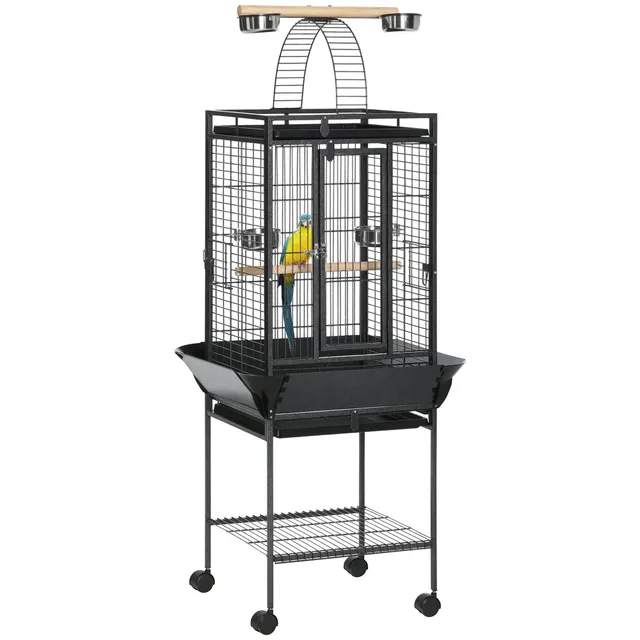 pawhut-cage-voli-re-156-cm-avec-toit-de-jeu-bacs-faciles-et-roulettes image 1