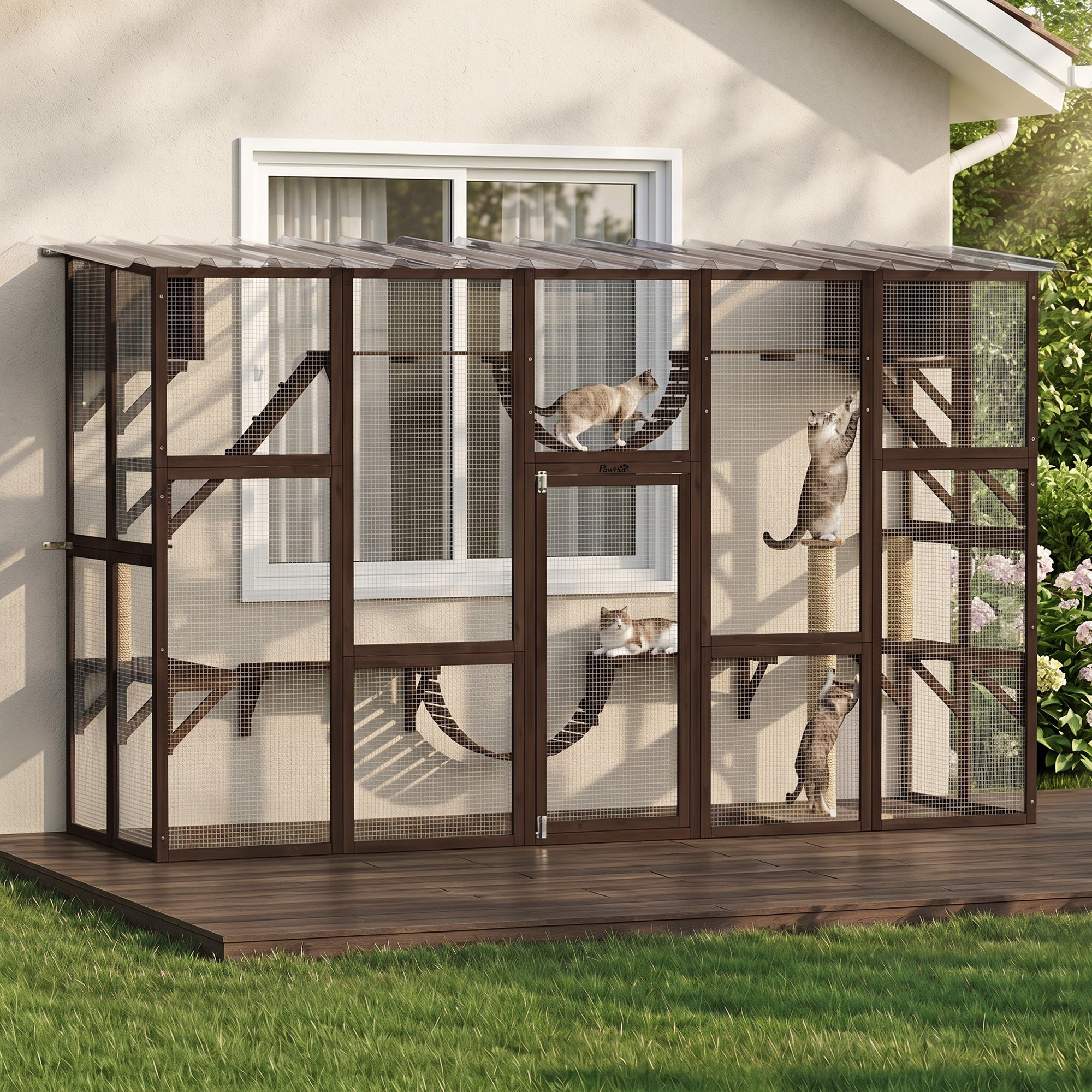 pawhut-catio-enclos-ext-rieur-pour-chat-en-bois-avec-toit-1-4-chats-marron-caf image 3