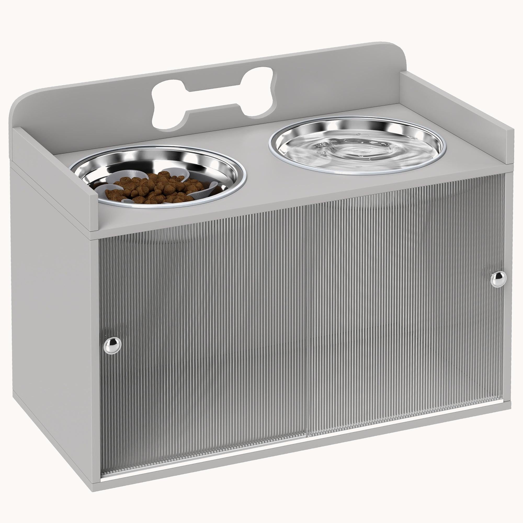 pawhut-station-d-alimentation-sur-lev-e-grise-2-gamelles-inox-avec-rangement image 1