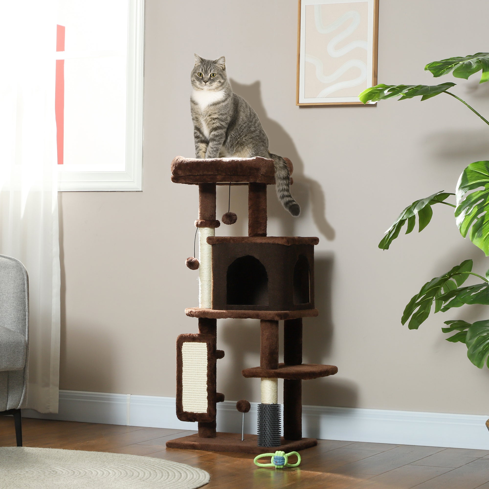 pawhut-arbre-chat-104-cm-avec-lit-niche-et-griffoirs-marron image 4