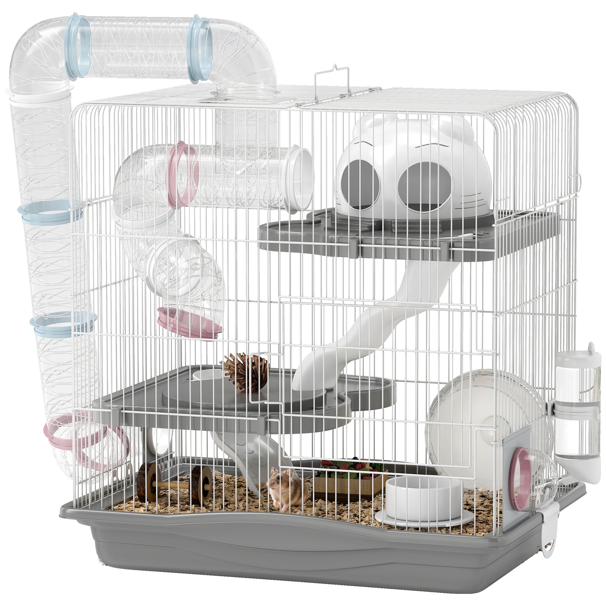 pawhut-cage-hamster-3-tages-avec-roue-tunnels-et-biberon-45-x-30-x-45-cm-gris image 1