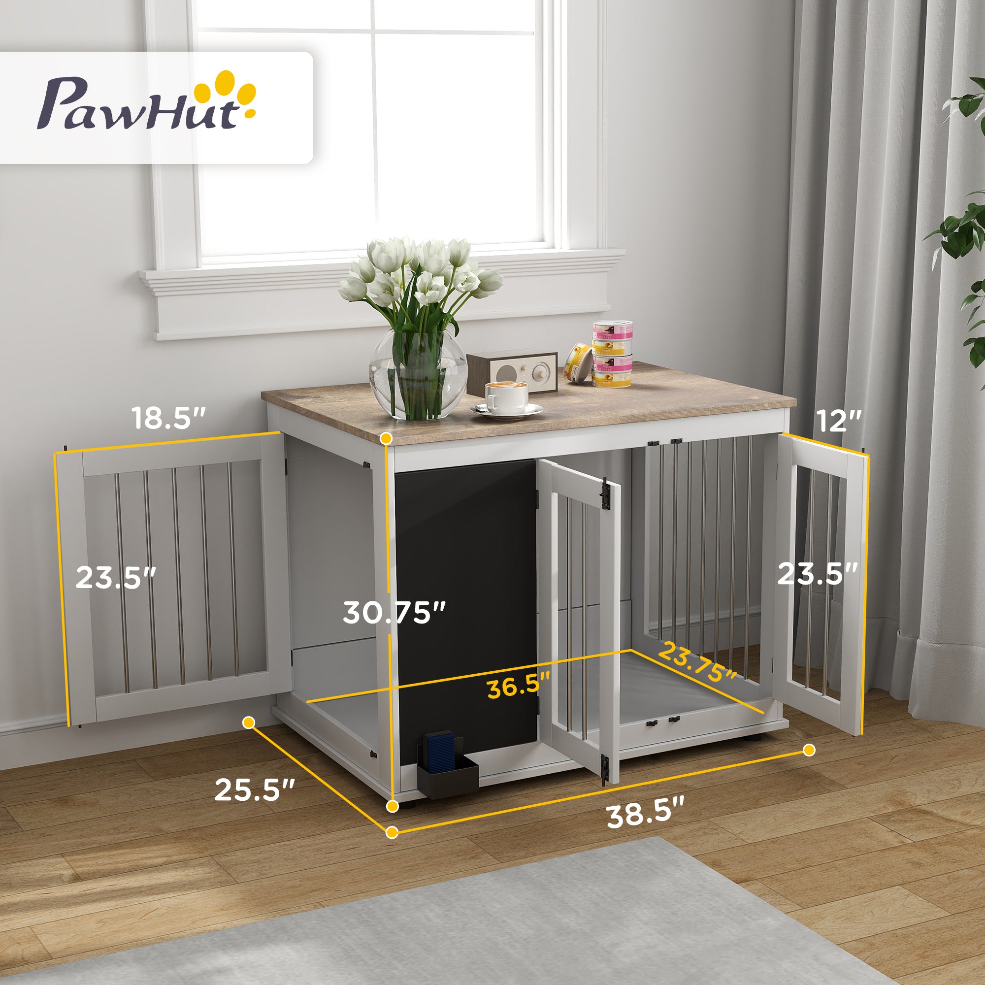pawhut-niche-chenil-meuble-3-portes-blanche-avec-tableau-noir-pour-grands-chiens image 6