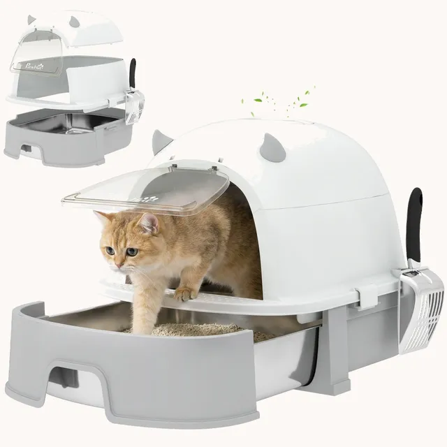 pawhut-bac-liti-re-pour-chat-inox-avec-capot-gris-tiroir-et-filtre-charbon image 1