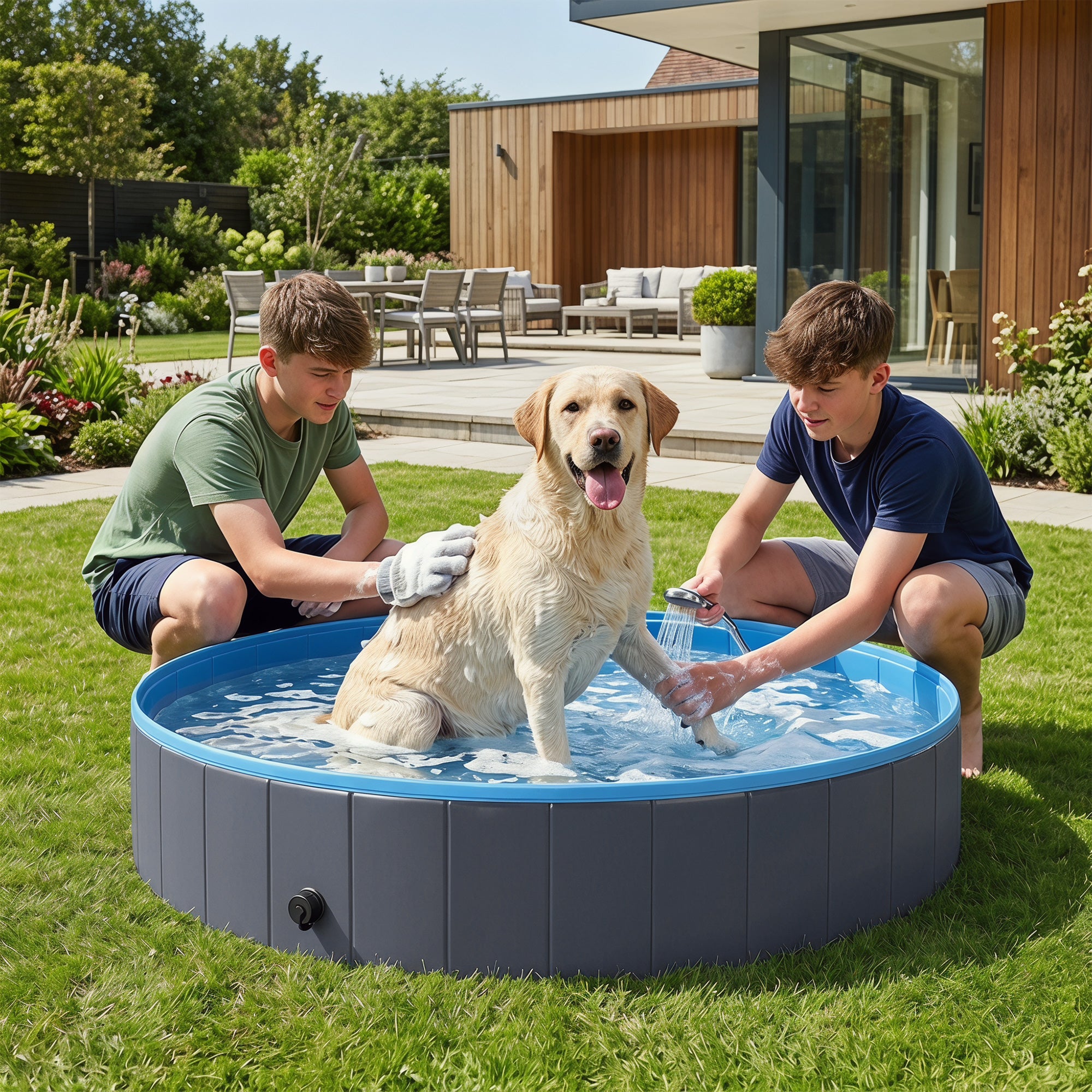 pawhut-piscine-pliable-pour-chien-en-pvc-160-x-30-cm-bleu-et-gris-fonc-avec-base image 3