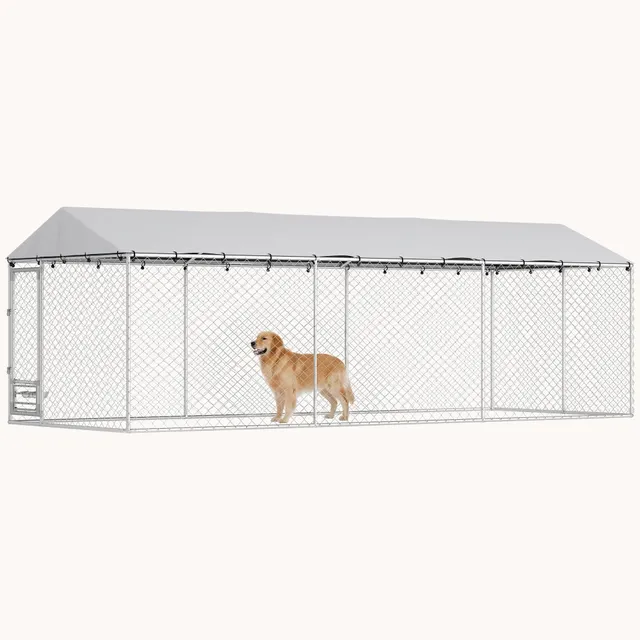 pawhut-chenil-ext-rieur-walk-in-avec-toit-gamelles-et-double-verrouillage-argent image 1