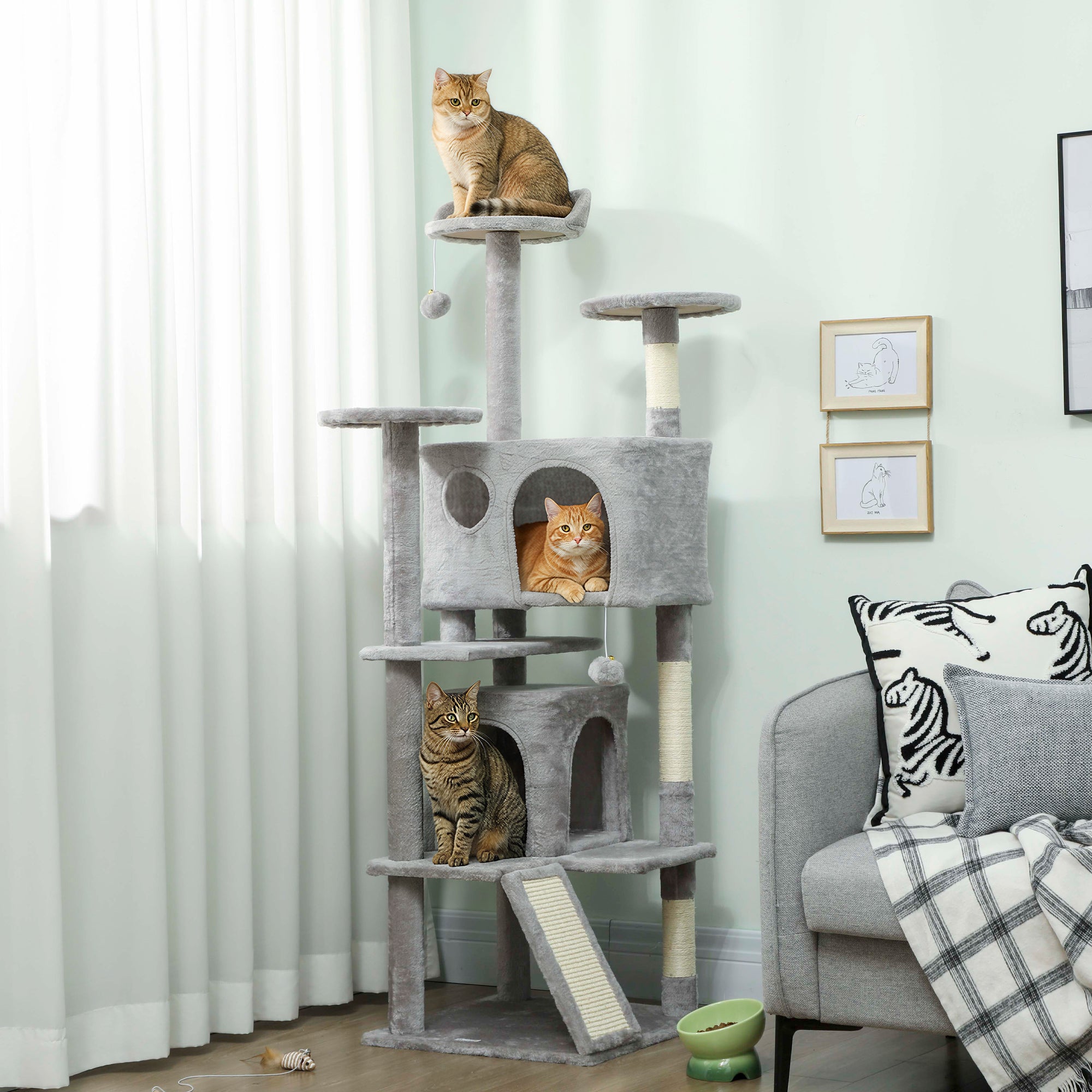 pawhut-arbre-chat-160-cm-avec-grifoire-rampe-deux-cabanes-et-panier-gris-clair image 4
