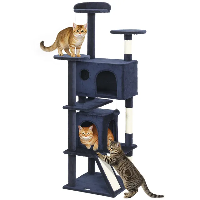 pawhut-arbre-chat-63-avec-condos-lit-rampe-et-griffoirs-bleu-fonc image 1