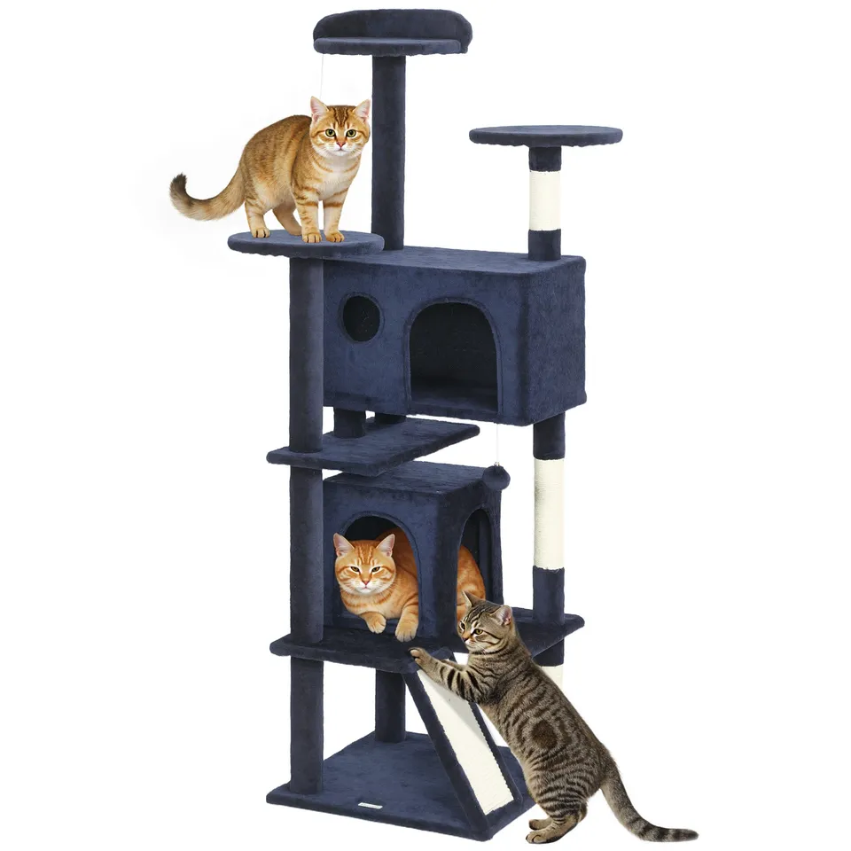 pawhut-arbre-chat-63-avec-condos-lit-rampe-et-griffoirs-bleu-fonc image 1