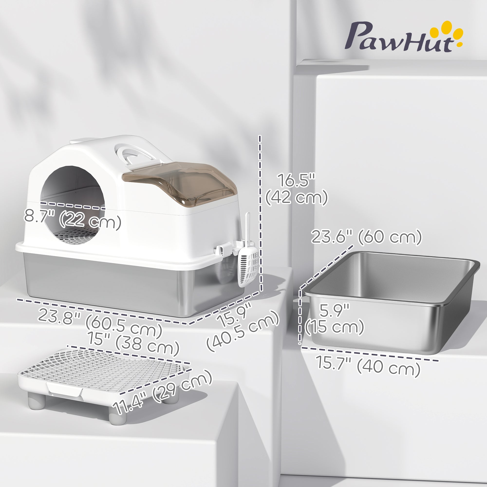 pawhut-bac-liti-re-chat-inox-avec-couvercle-amovible-tapis-et-pelle-blanc-60-5-x image 5