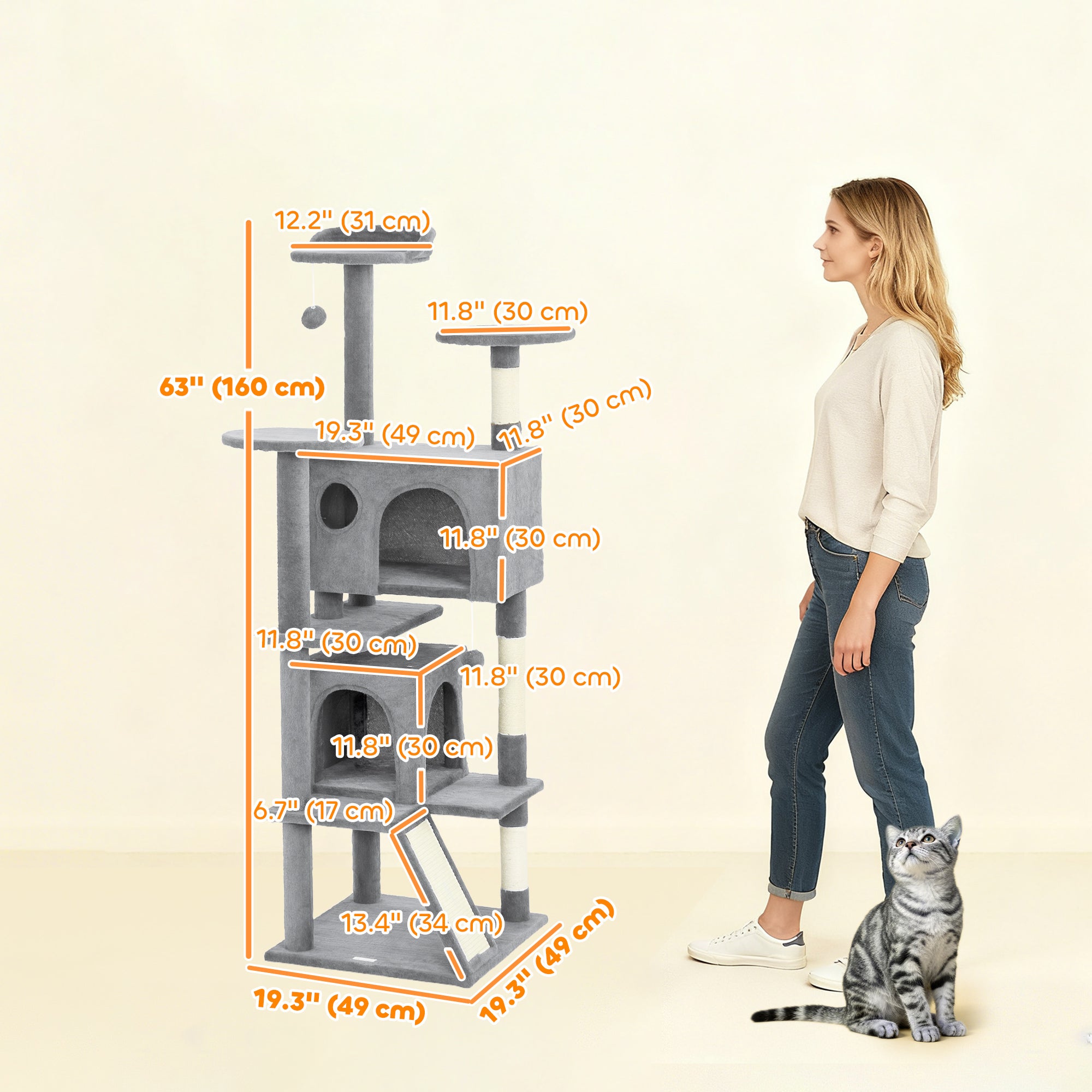 pawhut-arbre-chat-160-cm-avec-grifoire-rampe-deux-cabanes-et-panier-gris-clair image 5