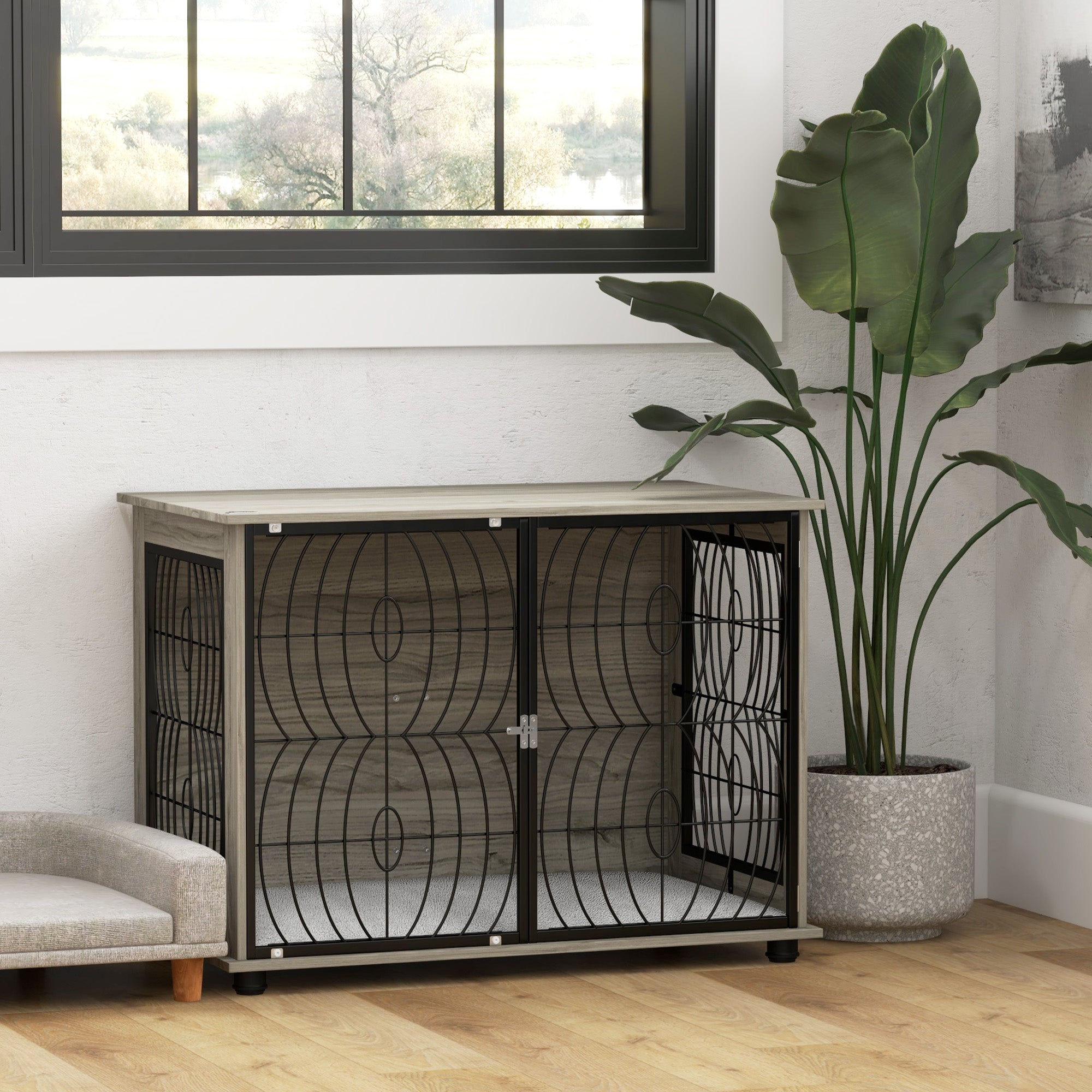 pawhut-table-d-appoint-cage-pour-chien-avec-coussin-pour-grands-animaux-gris image 4
